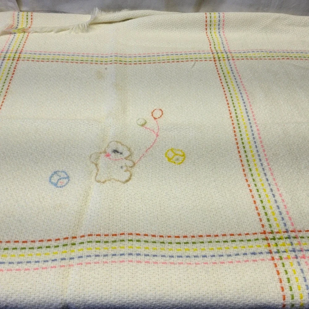 The Three Weavers Baby Blanket Kids OS White Vintage‎ Handwoven Orlon Bear Plaid